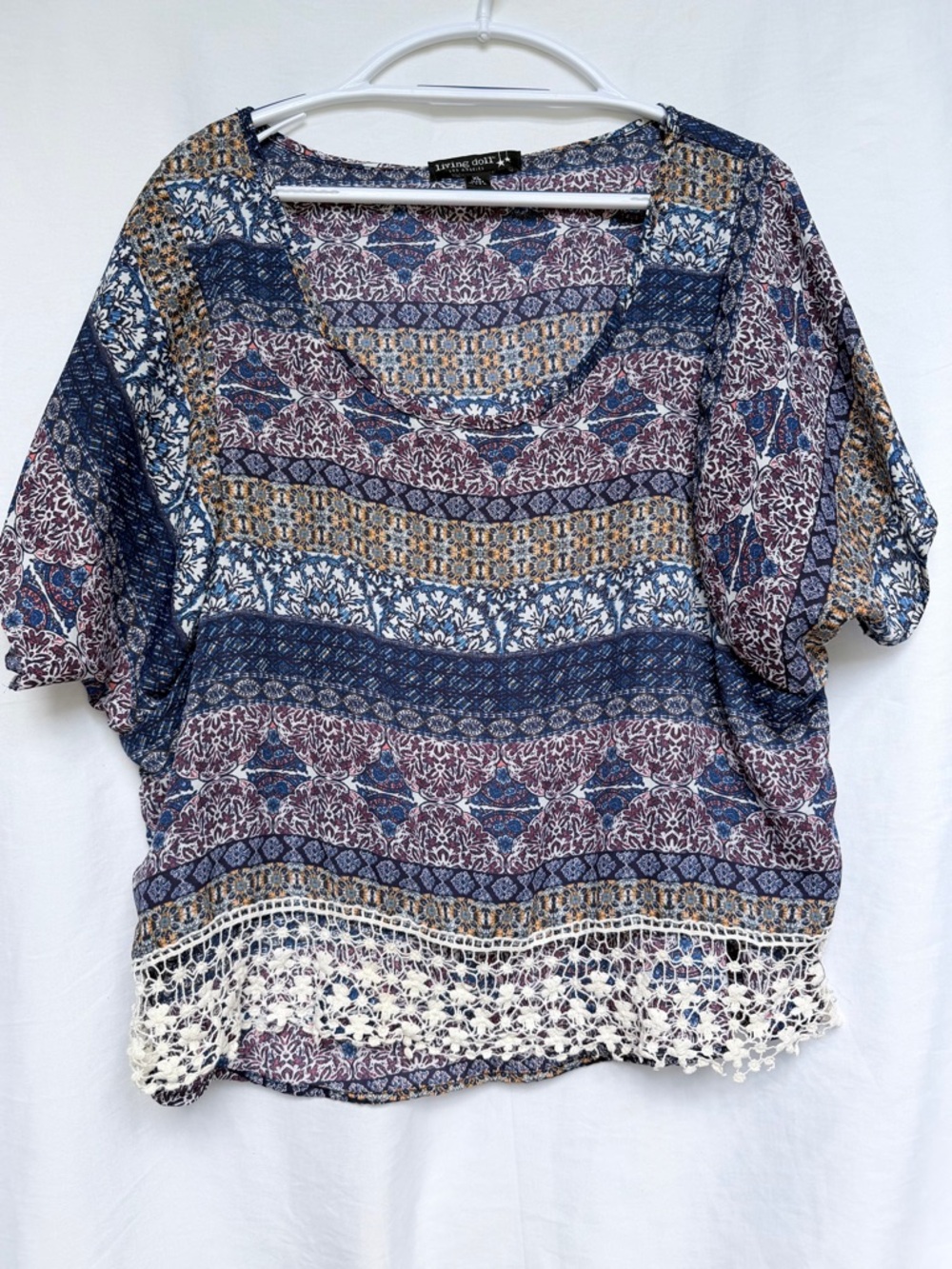 living doll Navy Multi Boho Crochet-Hem Short Sleeve Top